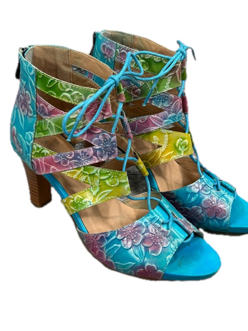 L'Artiste Blue Floral Lace-Up Platform Leather Boho Sandals Size 6